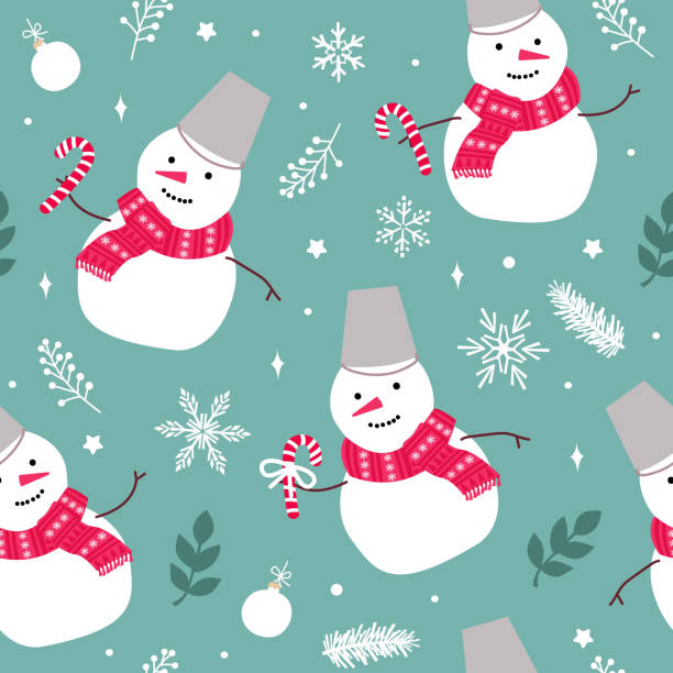 illustrations, cliparts, dessins animés et icônes de motif vert de noël sans couture de jolis bonhommes de neige et flocons de neige. illustration vectorielle plate simple et moderne. - snowman pattern