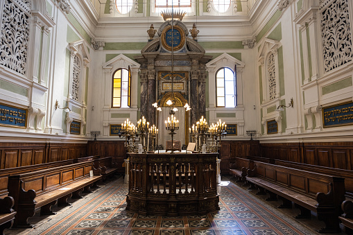 Siena, Italy - August 17 2022: Siena Synagogue Interior with Bimah or Tebah Dais Platform