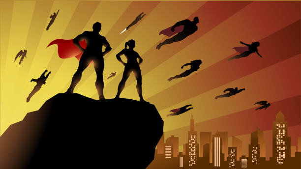 ilustraciones, imágenes clip art, dibujos animados e iconos de stock de vector superhero team flying silhouette en una ilustración de stock de la ciudad - superhéroe