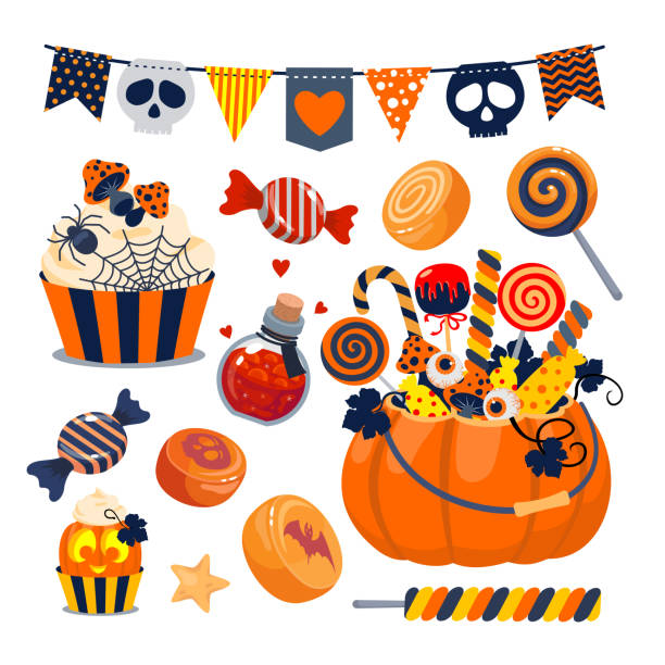 illustrazioni stock, clip art, cartoni animati e icone di tendenza di set di caramelle di halloween - candy halloween candy corn jar