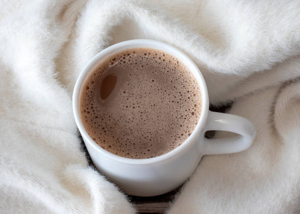 istock A cozy cocoa or carob in a white cup against a light beige fluffy plaid 1429550058