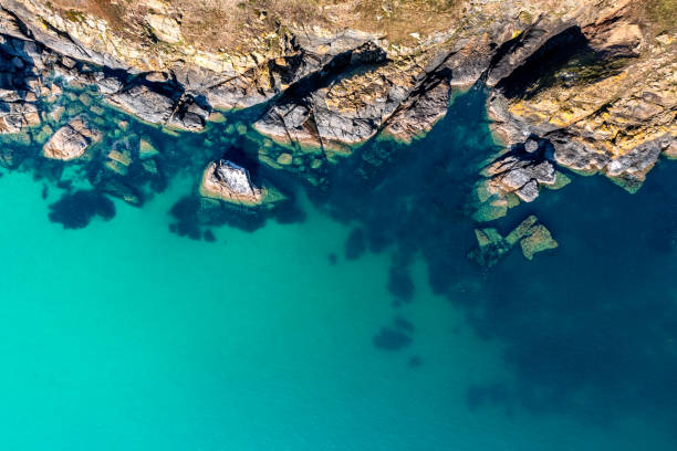 Aerial view directly above rugged coastal cliff outcrop into calm turquoise ocean Aerial view directly above rugged rocky outcrop of land jutting into an emerald green ocean with sand sea bed in Cornwall, UK with copy space rocky coastline stock pictures, royalty-free photos & images