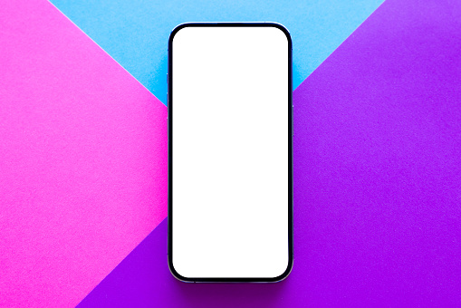 Mobile phone's screen mockup on simple turquoise blue, pink and purple colored background