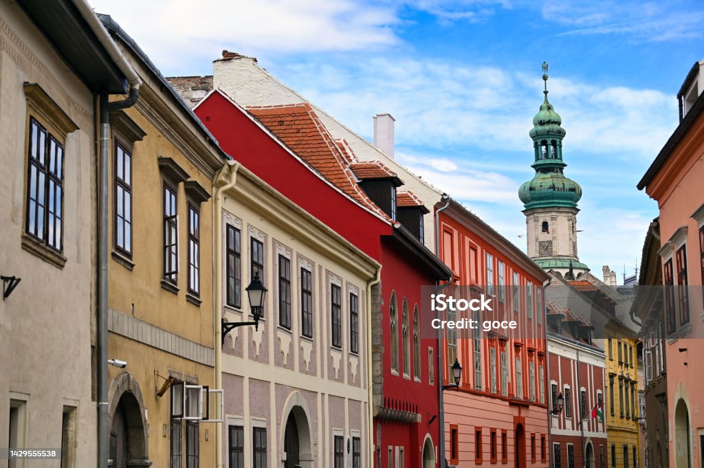 Colorful old buildings and Firewatch tower in Sopron Hungary Sopron Stock Photo