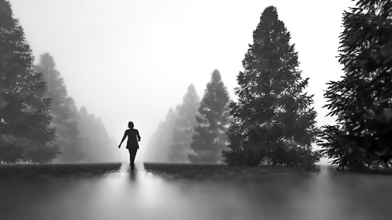 3D rendering silhouette illustration of a person walking in the forest