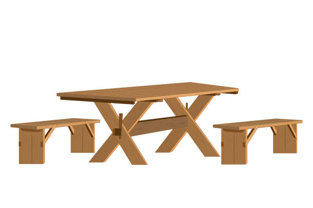istock Wooden picnic table with benches isolated on white background. Set of empty table with seats for garden, park or camping. 1429557225