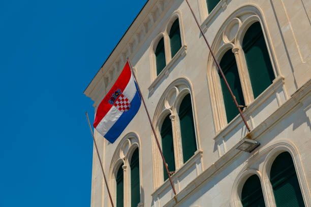 istock The Croatian flag on a building in Split, waving in the wind. 1429559082