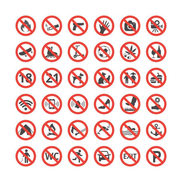 ilustraciones, imágenes clip art, dibujos animados e iconos de stock de conjunto de iconos vectores de prohibición roja - mobile phone telephone exclusion forbidden