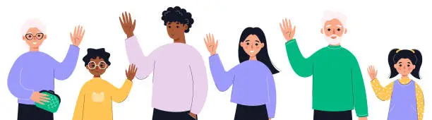Vector illustration of People of different ages saying hello and waving with hand. Concept of smb, society, communication, relationships. Vector flat illustration.