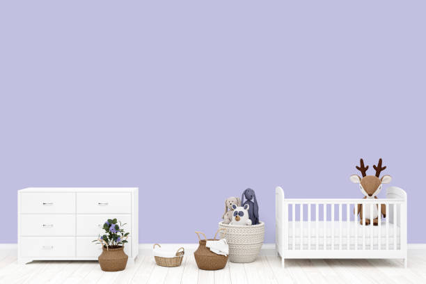 istock 3d rendered illustration of kids nursery with white cot bed. 1429567593