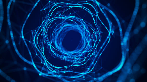 istock Abstract dynamic wireframe tunnel on blue background. Deep wavy wormhole. Futuristic particle flow. 3d rendering. 1429569562