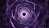 Abstract dynamic wireframe tunnel on purple background. Deep wavy wormhole. Futuristic particle flow. 3d rendering.