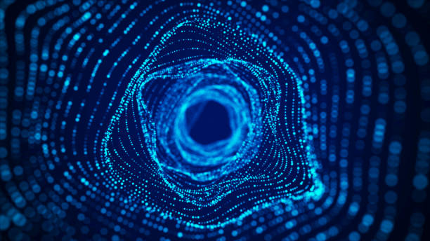 istock Abstract dynamic wireframe tunnel on blue background. Deep wavy wormhole. Futuristic particle flow. 3d rendering. 1429569806
