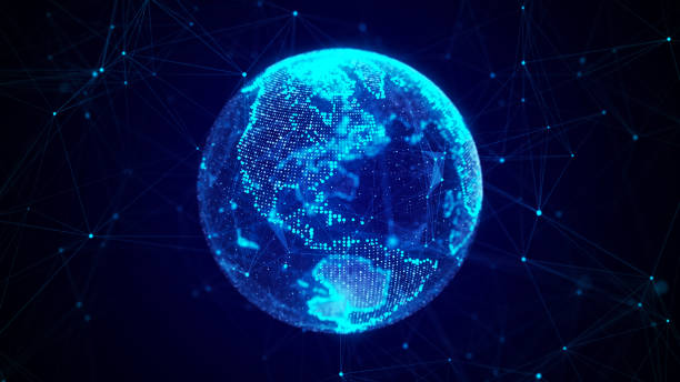 istock Abstract planet Earth with particles and a connected shell with lines. Global network connection. Science and technology. 3D rendering. 1429570043