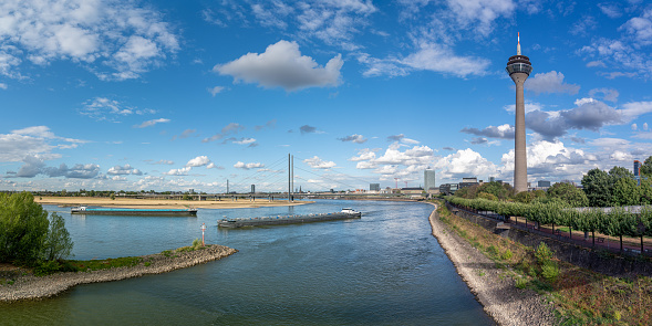 Düsseldorf, Germany - September 8, 2022: Panoramic image of Rhine river close to Düsseldorf on September 8, 2022 in Germany, Europe