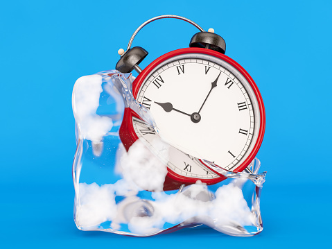 Freezing the Time Concept with an Alarm Clock and an Ice Cube. 3D Render