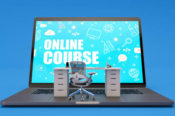 istock Online Course Concept with a Laptop and Tiny Workspace with Desk 1429588425