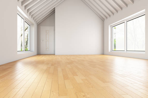 istock Empty Unfurnished White Attic with Wooden Parquet Floor 1429589100