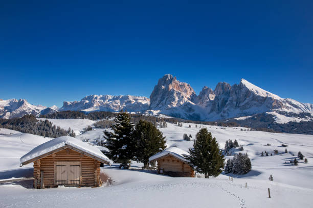 langkofel montañas y madera estable en nieve cubren dolomitas - ski resort hut snow winter fotografías e imágenes de stock