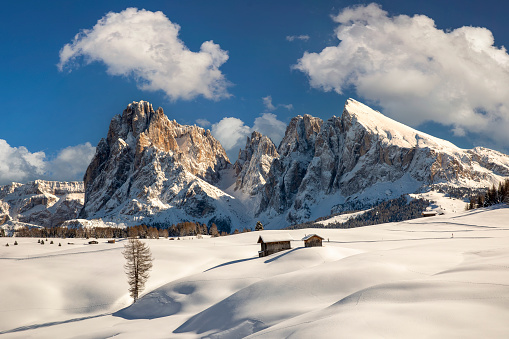 View of the Sella Group with snow in the Italian Dolomites