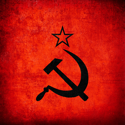 Soviet Union symbol: star, hammer and sickle, black on red. USSR sign, grunge textured