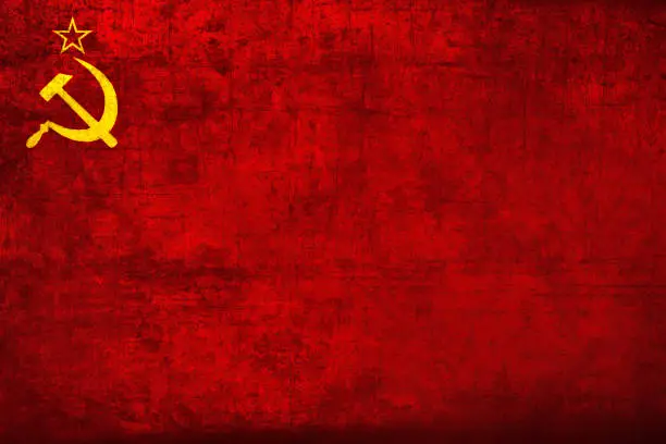 Soviet Union flag: star, hammer and sickle on red background. USSR banner, grunge textured