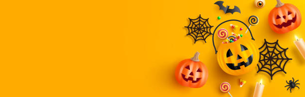istock Happy Halloween background template with halloween pumpkin and Halloween Elements on orange background. Website spooky,Background or banner Halloween template 1429595487
