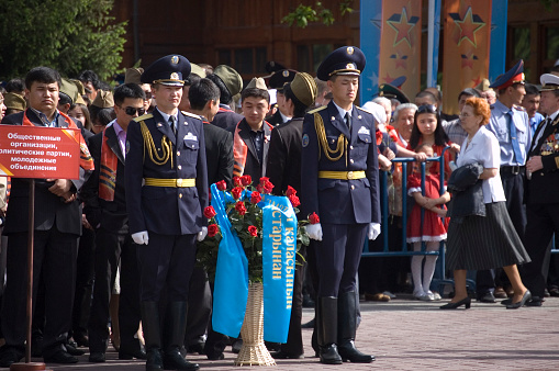 Victory Day is a celebration day that commemorates the victory of the Soviet Union over Nazi Germany in the Great Patriotic War. (Second World War). In Kazakhstan on the 9th of May the people remembering their Heros in the Panfilov Park.