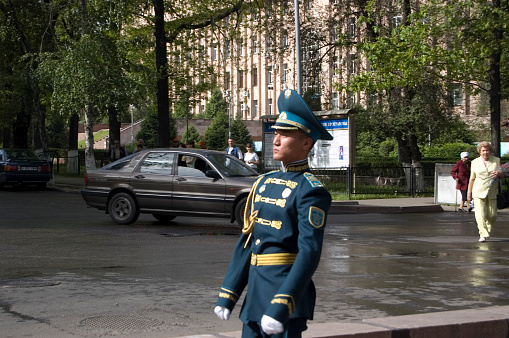 A Police man in Almaty (Kazakhstan) during te annual victory day where the pople remeber to the end of WW2. The image was captured during springtime.