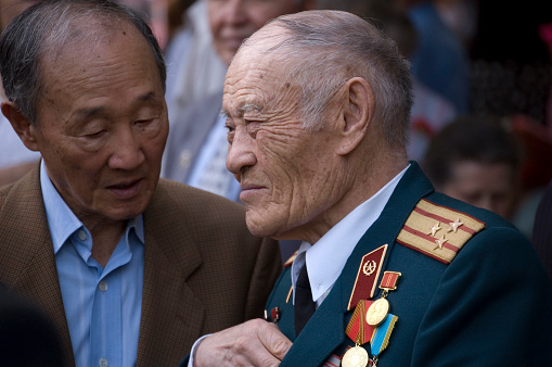 Kazakh army veteran with honor ordens captured during the anual vivtory day on may 9th. The image was made in Almaty city.