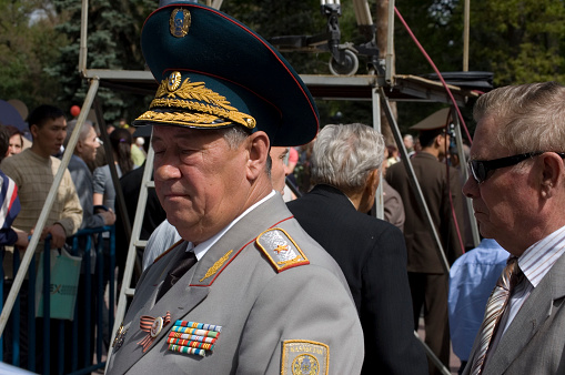 Kazakh army veteran with honor ordens captured during the anual victory day on may 9th. The image was made in Almaty city.