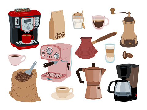 Set of different alternative coffee brewing methods and preparing tools. Coffee machines, coffee grinder, coffee maker. Hand drawn vector illustration isolated on white background. Flat style.