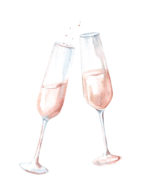 illustrazioni stock, clip art, cartoni animati e icone di tendenza di due bicchieri di champagne in brindamento. illustrazione ad acquerello disegnata a mano - wine glass champagne cocktail