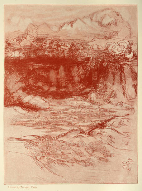 Landscape and a water spout, Early renaissance art, sketch by Leonardo da Vinci vector art illustration