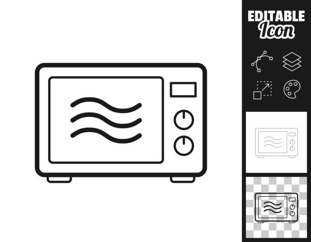 Microwave oven. Icon for design. Easily editable Icon of "Microwave oven" for your own design. Three icons with editable stroke included in the bundle: - One black icon on a white background. - One line icon with only a thin black outline in a line art style (you can adjust the stroke weight as you want). - One icon on a blank transparent background (for change background or texture). The layers are named to facilitate your customization. Vector Illustration (EPS file, well layered and grouped). Easy to edit, manipulate, resize or colorize. Vector and Jpeg file of different sizes. wave png stock illustrations