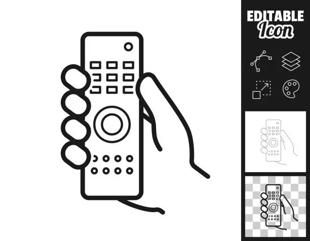 Vector illustration of Hand holding remote control. Icon for design. Easily editable