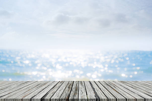 istock Empty Wood Table on Blur Sea Summer Background 1429601412