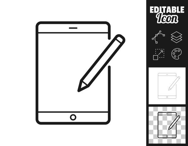 tablet pc mit stift. icon für design. leicht editierbar - computerstift stock-grafiken, -clipart, -cartoons und -symbole