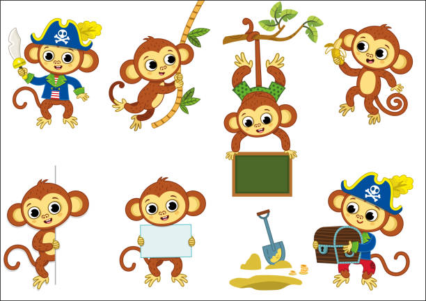 Set of Cartoon Monkey Character Vector illustration set of monkey character in different poses. clip art of a monkey holding banana stock illustrations