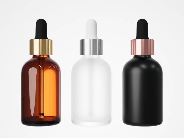 Three different cosmetic serum dropper bottles 3D render, care product packaging
