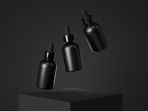 Black cosmetic dropper bottle mockup, facial serum packaging and branding visualization, care product design ready template