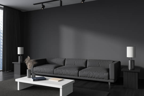 istock Corner view on dark living room interior with grey wall 1429612228