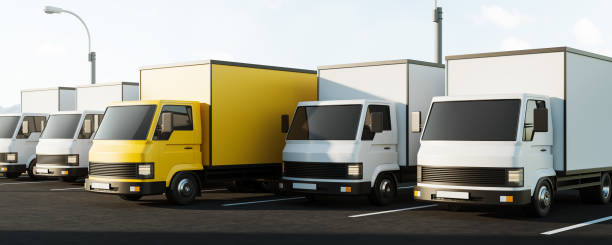 istock Trucks parked outdoors, delivery and warehouse concept. Mockup 1429612275