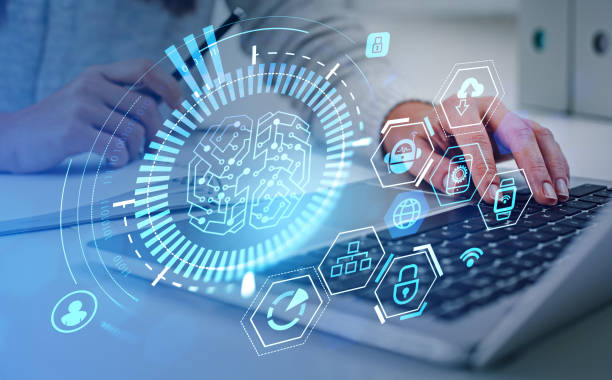 istock Businesswoman using computer, artificial intelligence hologram with icons 1429612491