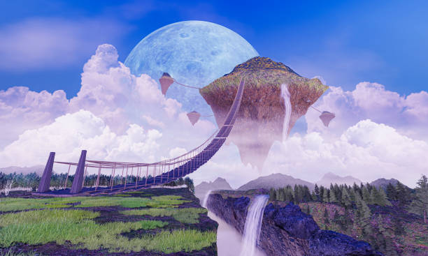 istock Nature, a fantasy floating mountain with a rope ladder connected from the ground. The hilltop has trees or pines that cascade from the cliffs. 3D rendering 1429612607