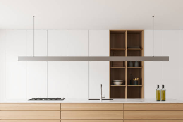 istock Light cooking interior with countertop, sink and shelves 1429614579