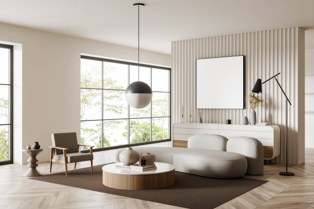 istock Corner view on bright living room interior with empty white poster 1429614971