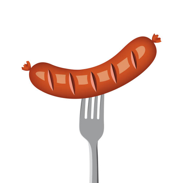 ilustrações de stock, clip art, desenhos animados e ícones de sausage on a fork - bratwurst