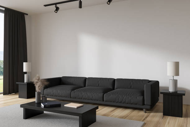 istock Corner view on bright living room interior with white wall 1429616447
