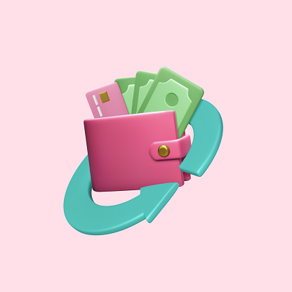 3D cartoon realistic wallet with papr dollars and pink credit card and arrow around. Business concept. Payment or cash back service. Vector illustration